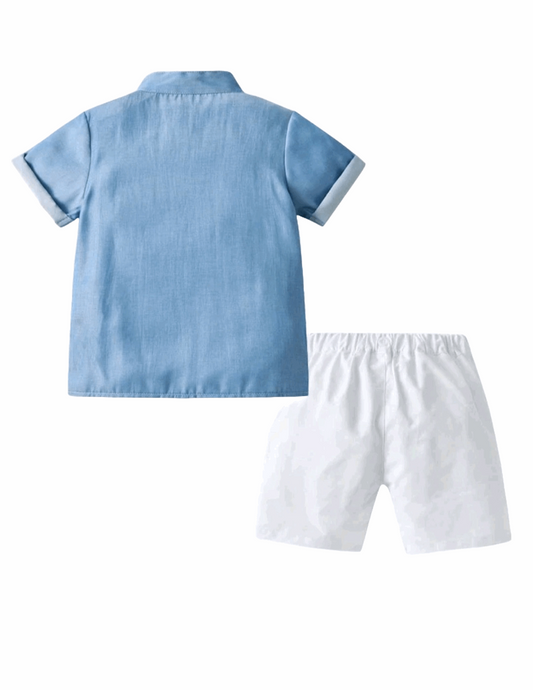 MANDARIN SOFT COLLAR SHIRT AND WHITE SHORTS SET