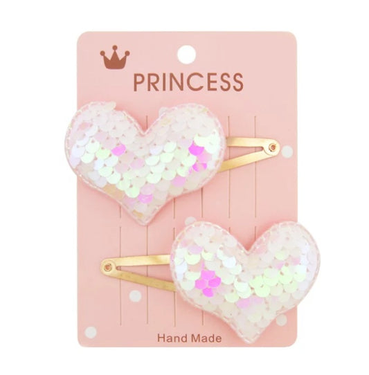 WHITE HEART SEQUINS HAIR CLIP SET