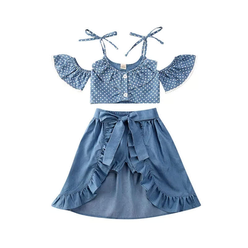 DENIM POLKADOT RUFFLE GIRLS SET