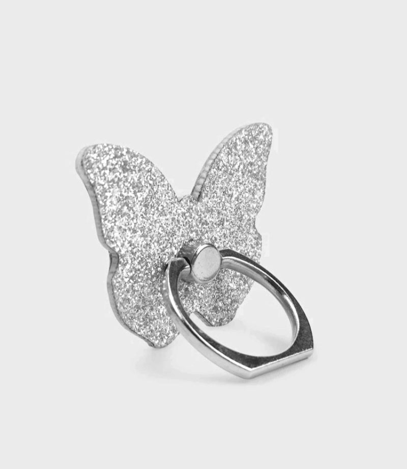 SILVER GLITTERFLY PHONE GRIP RING