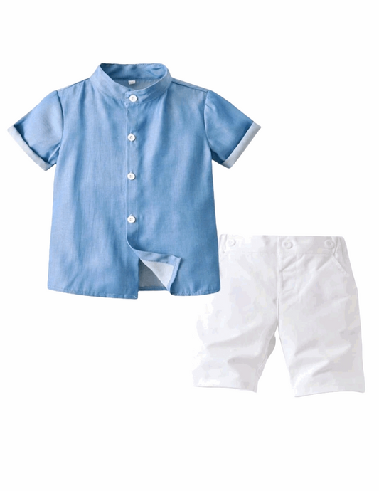 MANDARIN SOFT COLLAR SHIRT AND WHITE SHORTS SET