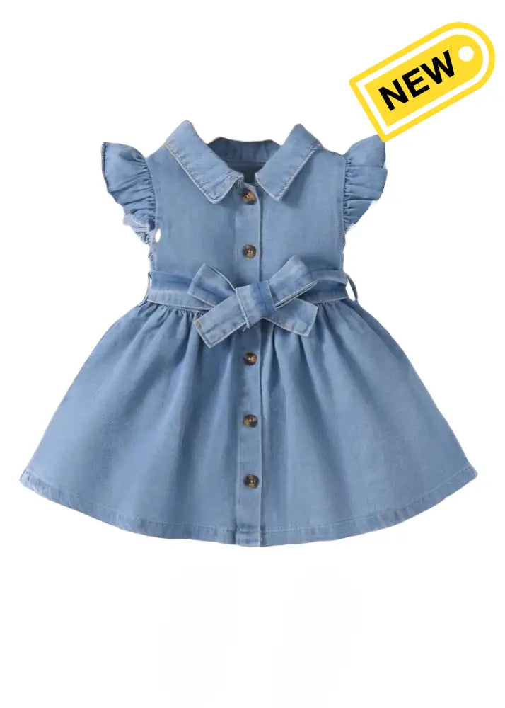 Adorable Flutter & Bow Denim Dress Outfit Set