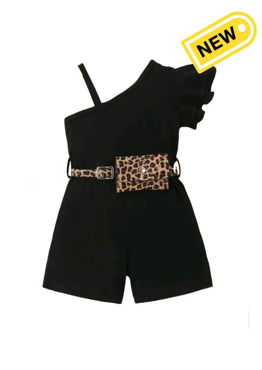 Chic Black Romper With Leopard Belt One Piece