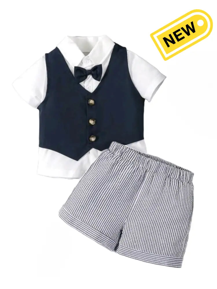 Classic Navy Vest & Striped Shorts Set Outfit Set