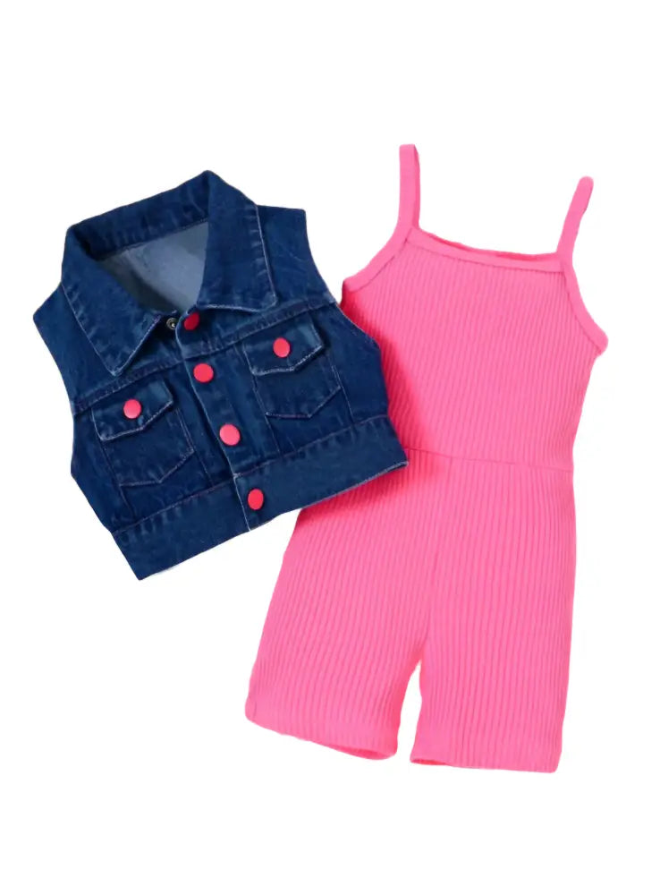 Cute Chic Romper And Denim Jacket 3-4T / Pink Outfit Set