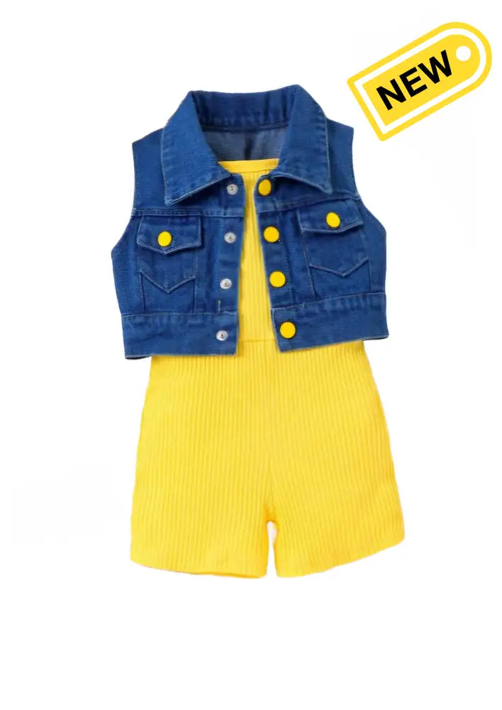 Cute Chic Romper And Denim Jacket 3-4T / Yellow Outfit Set