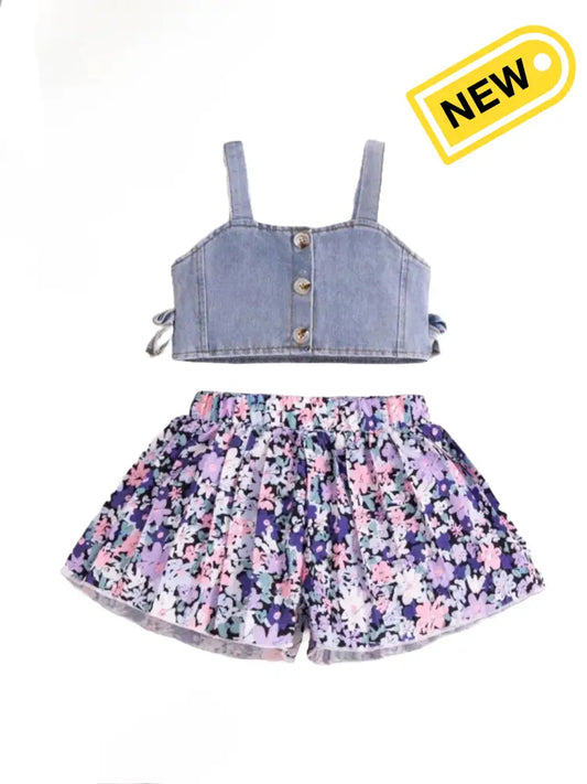 Floral Petal Charm Denim Duo Outfit Set