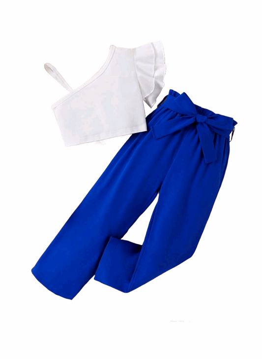 RUFFLE ONE-SHOULDER TOP w/ HIGH-WAIST PANT