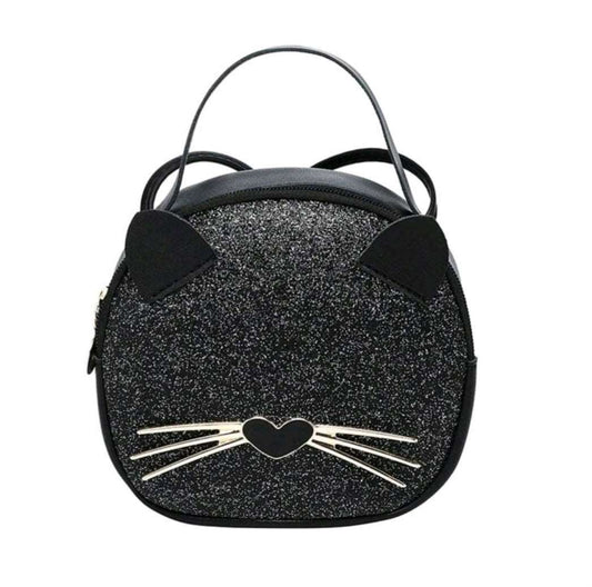 MINI BLACK GLITTER CAT FACE HAND BAG