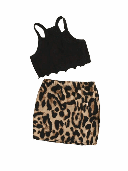 SCALLOPED CROP TOP & LEOPARD PRINT MINI SKIRT