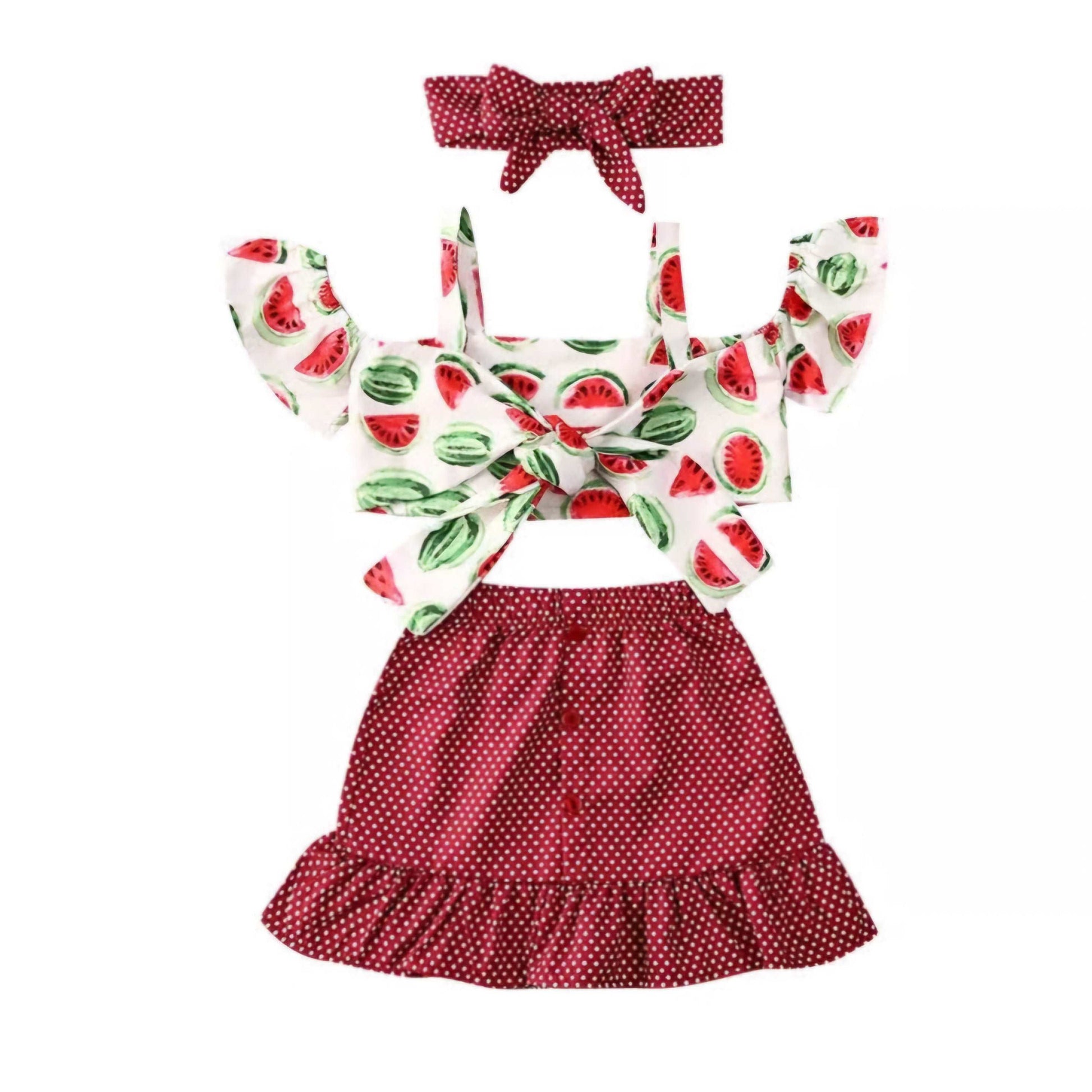 WATERMELON OFF SHOLDER W/POLKA DOT SKIRT