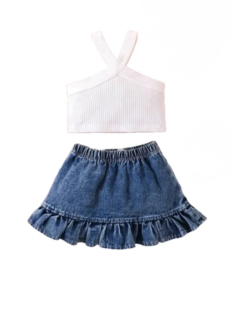 Summer Chic Cross-Back & Ruffle Jeans Skirt Set Outfit Set